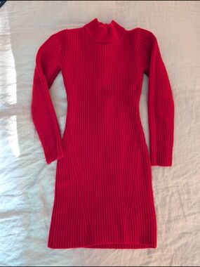 Michael Kors Wool Ribbed Mock Neck Long Sleeve Dress - Red - Shrunken XS